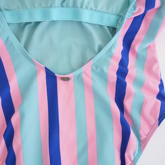ENVYA Swimwear Pink Teal Stripe One Piece High-Leg Low Scoop Back Swimsuit M - Picture 9 of 12